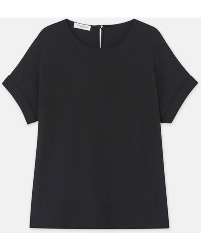 Lafayette 148 New York Organic Silk Georgette Cuffed T-shirt Blouse - Black
