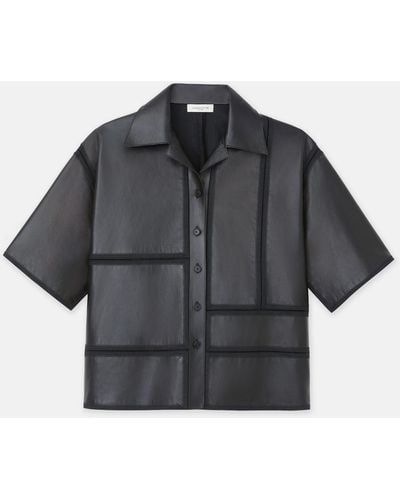 Lafayette 148 New York Plus-size Nappa Lambskin Leather Block Panel Shirt - Gray