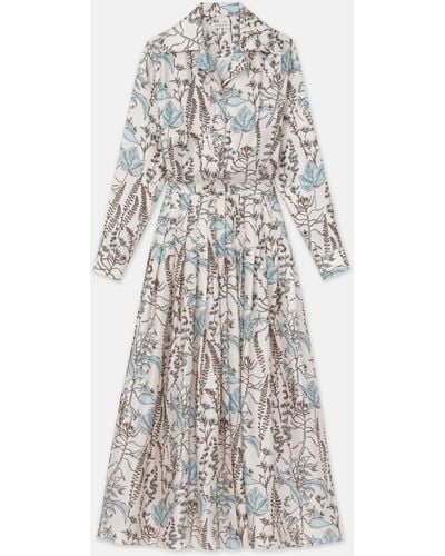 Lafayette 148 New York Flora Trail Print Silk Twill Pleated Shirtdress - White