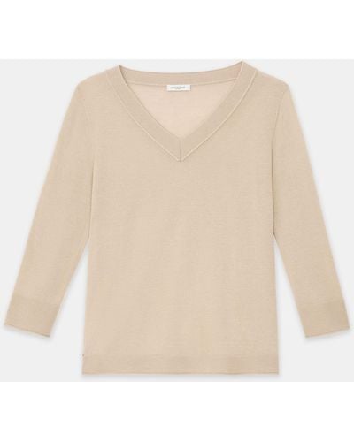 Lafayette 148 New York Plus Size Fine Gauge Cashmere V-neck Sweater - Natural