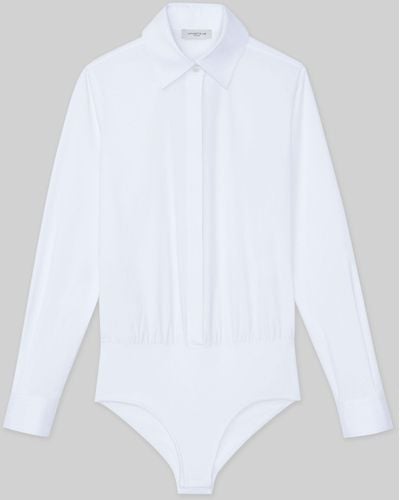Lafayette 148 New York Stretch Cotton Button Down Bodysuit - White