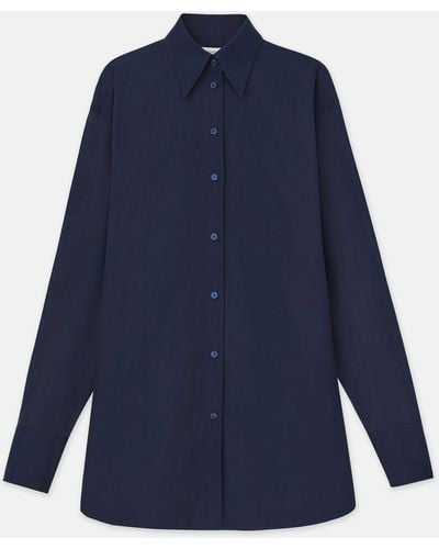 Lafayette 148 New York Organic Cotton Poplin Sheer Sleeve Oversized Shirt - Blue
