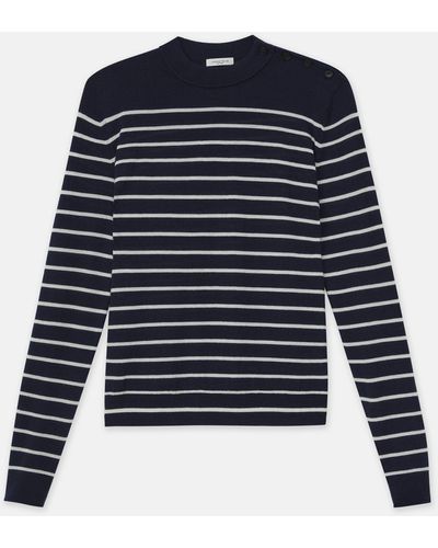 Lafayette 148 New York Plus-size Naval Stripe Cashmere Button Shoulder Sweater - Blue