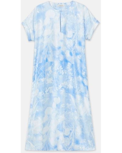 Lafayette 148 New York Eco Flora Print Silk Twill T-shirt Dress - Blue