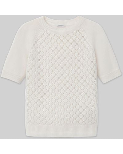 Lafayette 148 New York Hand-embellished Cashmere Lace Stitch Short Sleeve Sweater - White