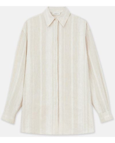 Lafayette 148 New York Stripe Jacquard Linen-cashmere Oversized Shirt - White