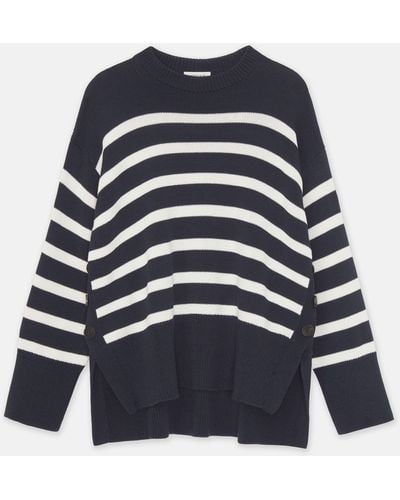 Lafayette 148 New York Naval Stripe Cotton-silk Button Shoulder Sweater - Blue