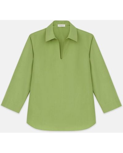 Lafayette 148 New York Organic Cotton Poplin Popover Shirt - Green