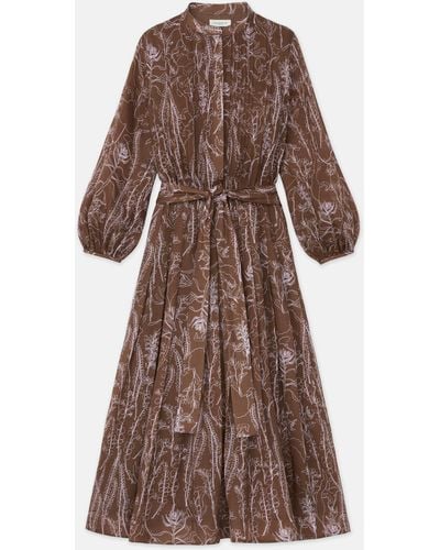Lafayette 148 New York Flora Print Sustainable Gemma Cloth Voile Pintuck Midi Dress - Brown