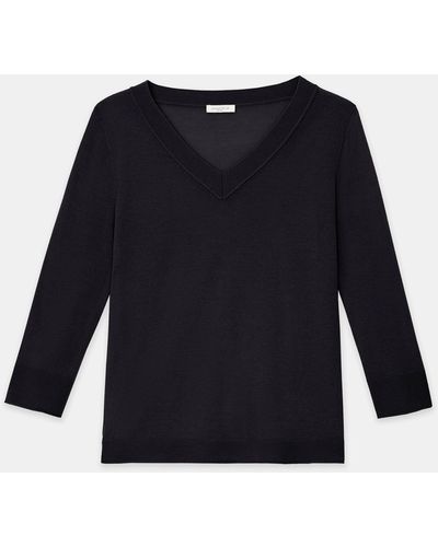 Lafayette 148 New York Plus Size Fine Gauge Cashmere V-neck Sweater - Blue