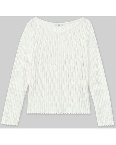 Lafayette 148 New York Cottonsilk Lattice Stitch Wide V-neck Sweater - White
