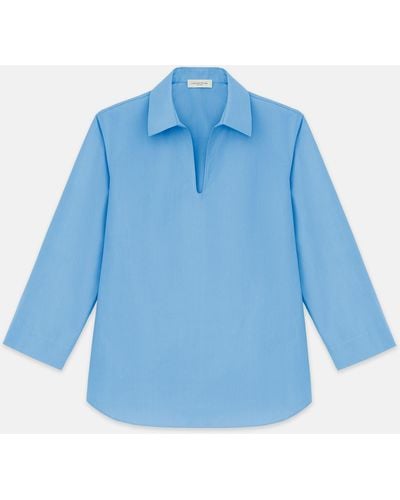 Lafayette 148 New York Petite Organic Cotton Poplin Popover Shirt - Blue
