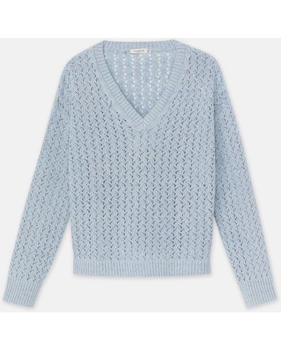Lafayette 148 New York Sustainable Linensilk Sequin Cable V-neck Sweater - Blue