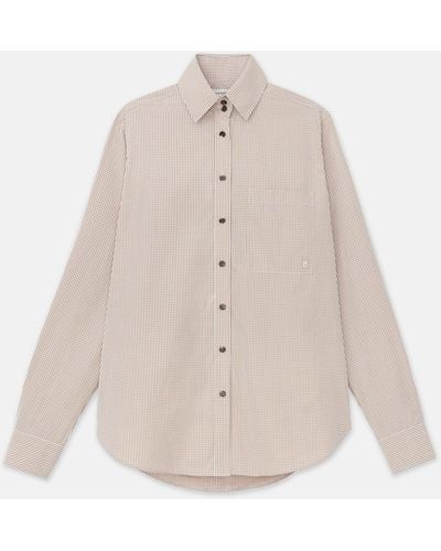 Lafayette 148 New York Micro Gingham Cotton Poplin High Collar Shirt - Natural