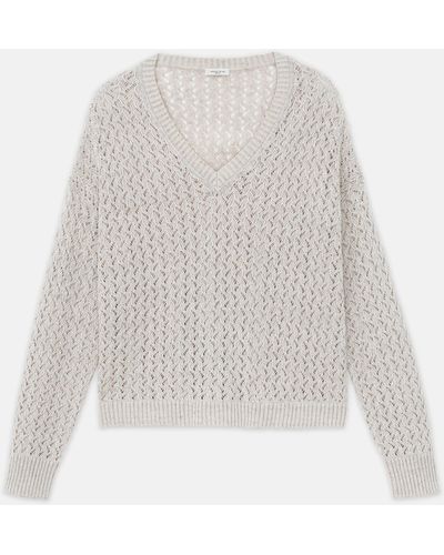Lafayette 148 New York Plus-size Sustainable Linensilk Sequin Cable V-neck Sweater - White