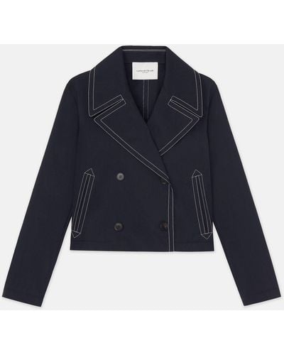 Lafayette 148 New York Cotton Twill Double Breasted Contrast Stitched Jacket - Blue