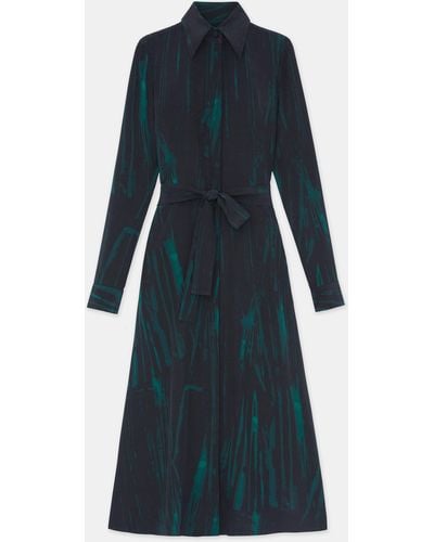 Lafayette 148 New York Stamped Pages Print Silk Crepe De Chine Shirtdress - Blue