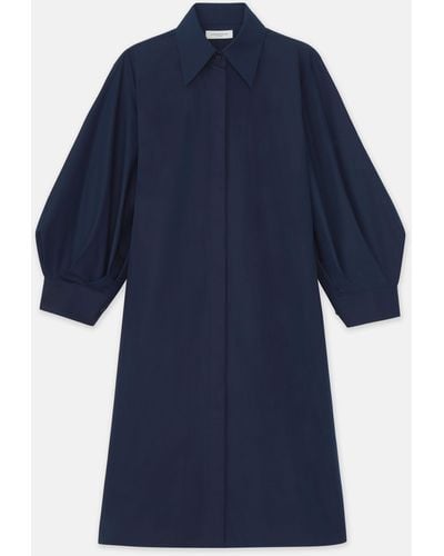 Lafayette 148 New York Organic Cotton Poplin Lantern Sleeve Shirtdress - Blue