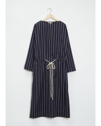 Plan C Long Sleeve Striped Cotton Twill Dress - Blue