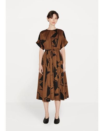 Black Crane Pleated Dress - Brown