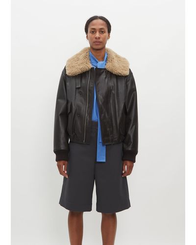 Lemaire Shearling Collar Leather Jacket - Blue