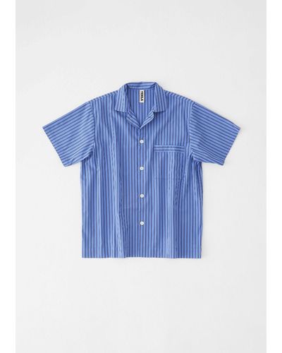 Tekla Cotton Poplin Pajamas Short Sleeve Shirt - Blue