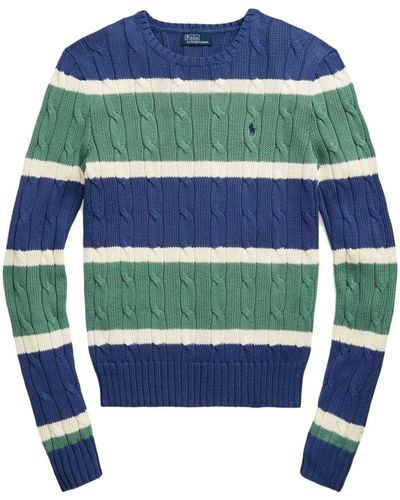 Polo Ralph Lauren Crew Neck Braided Striped Sweater - Green