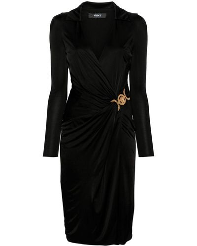Versace Midi Wrap Dress In Viscose With Medusa Plaque - Black