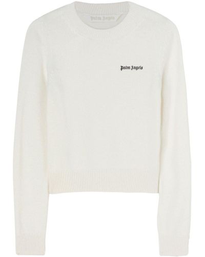 Palm Angels Logo-embroidered Crew-neck Sweater - White