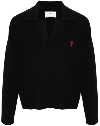 Ami Paris Ami De Coeur Organic Cotton Polo Shirt - Black