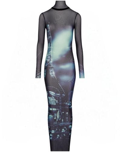 Jean Paul Gaultier Turtleneck Mesh Long Dress Printed "Pigalle" - Blue