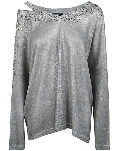 Avant Toi Linen Cotton V-Neck Pullover With Lamination And Strass - Grey