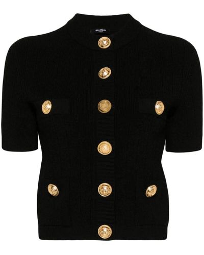 Balmain Short Sleeve Buttoned Knit Short Cardigan - Black