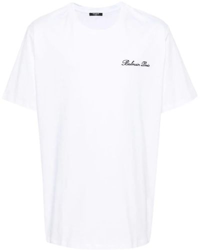 Balmain Cotton T-shirt With Embroidered Cursive Front Logo - White