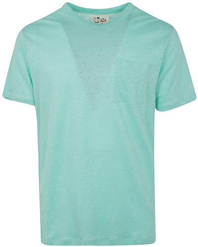 Mc2 Saint Barth Linen T-Shirt With Front Pocket - Blue
