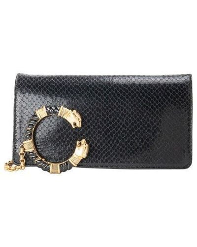 Roberto Cavalli Clutch Bag In Snake-effect Leather With Logo - Gray