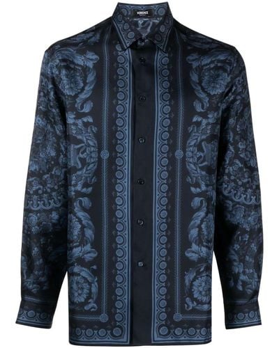 Versace Informal Shirt Barocco Print Silk Twill Fabric - Blue