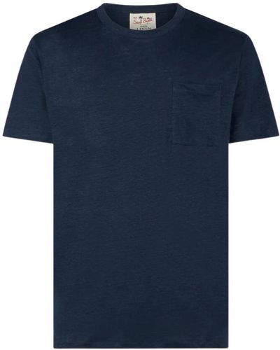 Mc2 Saint Barth Linen T-Shirt With Front Pocket - Blue