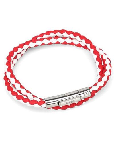 Tod's White And Red Leather Double Wrap Bracelet - Pink