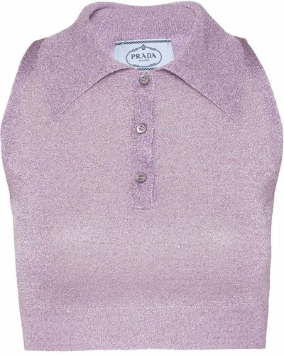 Prada Lurex-knit Cropped Polo Shirt - Purple