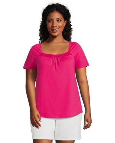 Lands' End Baumwoll/Modal-Shirt mit gesmoktem Ausschnitt - Pink