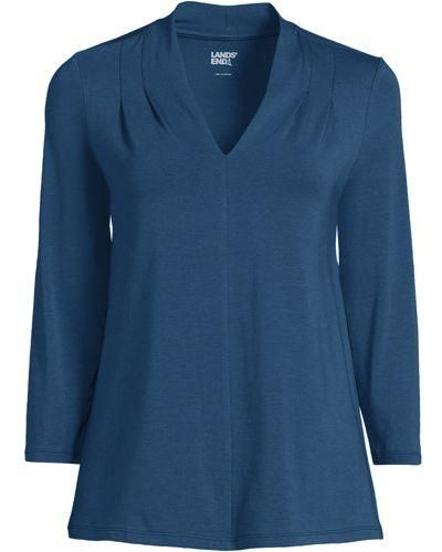 Lands' End V-Shirt aus Baumwolle/Modal-Mix mit 3/4-Ärmeln - Blau