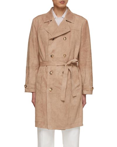Brunello Cucinelli Double Breasted Leather Suede Trench Coat - Natural