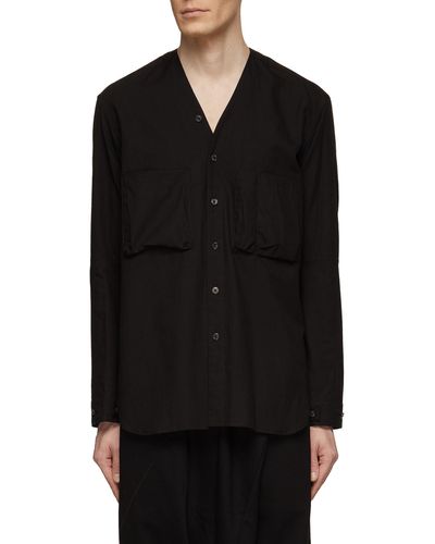 The Viridi-anne Collarless Cotton Linen Shirt - Black