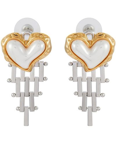 Venna Heart With Silver Toned Metal Fringe Drop Earrings - White