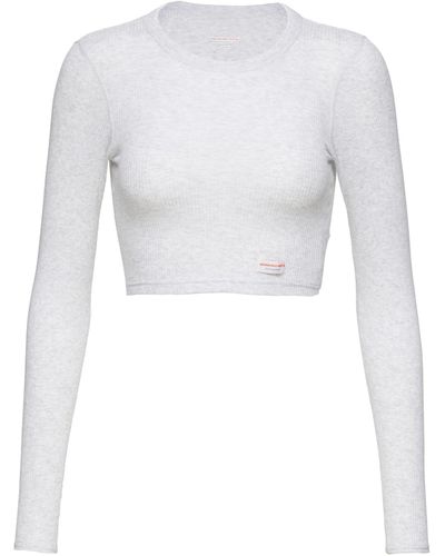 Alexander Wang Cropped Long Sleeve Ribbed Cotton T-shirt - White