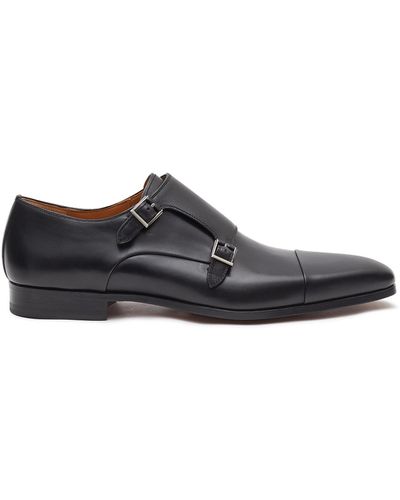Magnanni Monk Strap Plain Toe Leather Shoes - Black