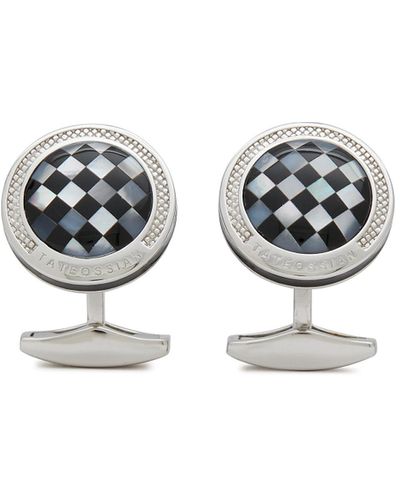 Tateossian Checkerboard Rodium Plated Sterling Silver Onyx Mother Of Pearl Round Cufflinks - White