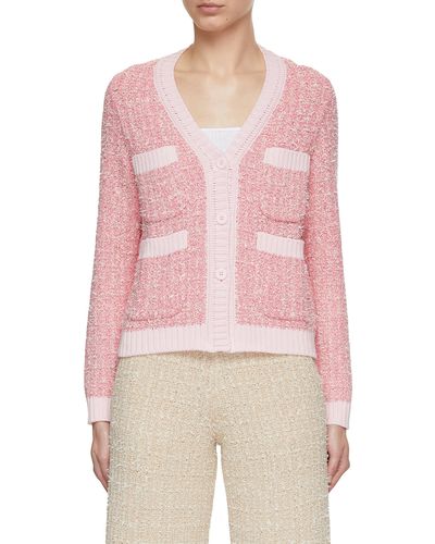 Bruno Manetti V-neck Contrast Trim Tweed Knit Cardigan - Pink