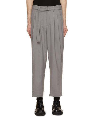Attachment Cropped Double Pleated Tapered Belted Pants - Gray